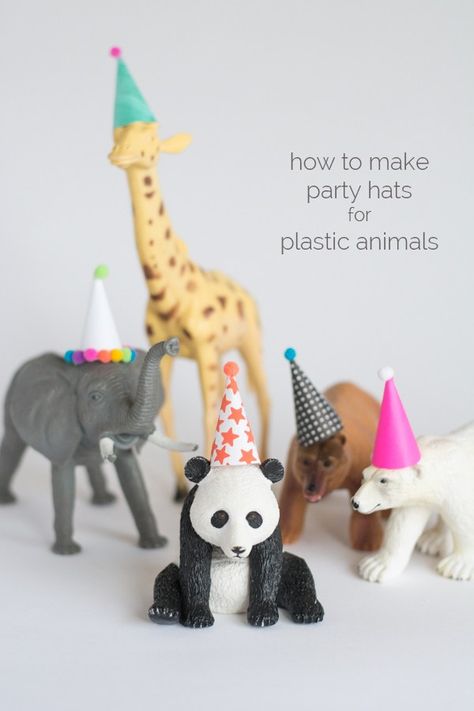 How to Make Party Hats for Plastic Animals | this heart of mine Animal Party Hats, Zoo Birthday Party, Jungle Theme Parties, Zoo Birthday, Toy Animals, Animal Birthday Party, Safari Birthday, Safari Party, Plastic Animals