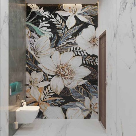 Mosaic Tile Shower Wall Bathroom Ideas, Flower Tiles Bathroom, Floral Bathroom Tile, Wall Mosaic Ideas, Floral Tile Bathroom, Shower Wall Ideas, Mosaic Tile Shower Wall, Mosaic Shower Wall, Bathroom Mosaic Wall