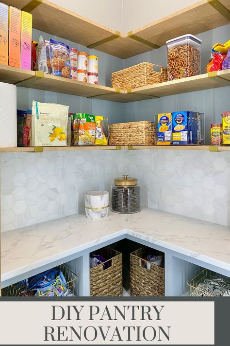 DIY Pantry Renovation | How To Build A Custom Pantry Diy Shelf Ideas, Corner Pantry Ideas, Home Projects On A Budget, Corner Kitchen Pantry, Diy Pantry Shelves, Pantry Renovation, Wooden Pantry, Beautiful Pantry, White Pantry