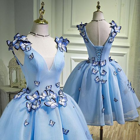 Light Blue Butterflies Fairy Fancy Dress V Neck Short Ball Gown Dress – SpreePicky Butterfly Dress Prom, Blue Butterfly Dress, Ballet Stage, Fairy Fancy Dress, Cute Cocktail Dresses, Gowns Couture, Stage Dance, Quinceanera Ideas, Cute Homecoming Dresses