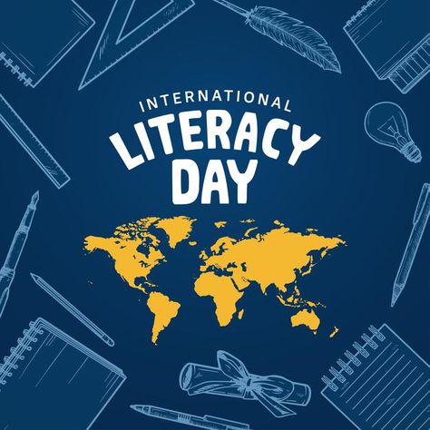 International Literacy Day, Literacy Day, International Day, Blue Background, Blue Backgrounds, Premium Vector, Literacy, Graphic Resources, Hand Drawn