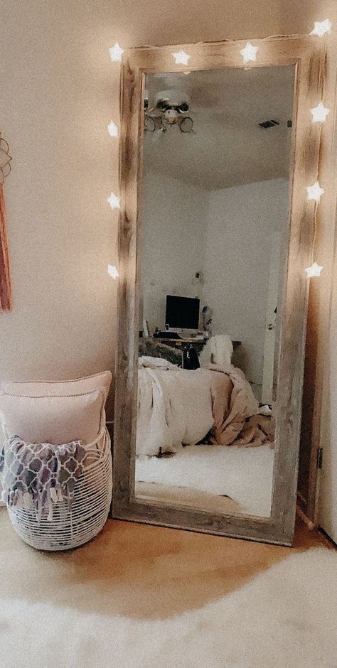 Big Mirror In Room Ideas, Bedroom Decor Mirrors Long, Mirror Setup Bedroom, Full Size Mirror In Bedroom Aesthetic, Standing Mirror With Lights, Large Mirror In Bedroom Corner, Talk Mirror Bedroom, Big Mirror In Bedroom Ideas Decor, Teen Room Mirror