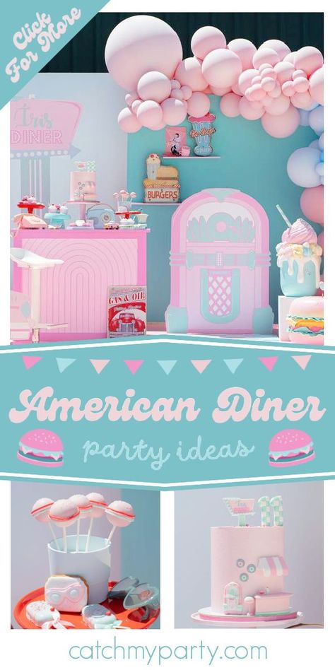 Don't miss this fantastic American diner-themed birthday party! The burger cake pops are so cute! See more party ideas and share yours at CatchMyParty.com Diner Themed Birthday Party, 1950s Diner Party, Diner Birthday Party Ideas, Diner Theme Party, Diner Birthday Party, Milkshake Party, Dinner Birthday Party, Dinner Party Birthday, Burger Cake