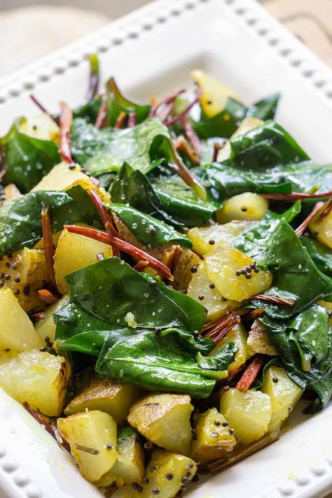 MALABAR SPINACH AND POTATO STIR-FRY Malabar Spinach Recipes, Spinach And Potato Recipes, Malabar Spinach, Spinach Salad Recipes, Raw Spinach, Spinach Recipes, Garden Recipes, Eating Raw, Side Recipes