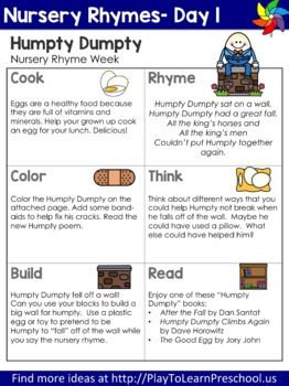 Nursery Rhyme Week, Nursery Rhymes Preschool Theme, Nursery Rhyme Lessons, Curriculum Themes, Nursery Rhymes Preschool Crafts, Nursery Ryhmes, Humpty Dumpty Nursery Rhyme, Play To Learn Preschool, Old Nursery Rhymes