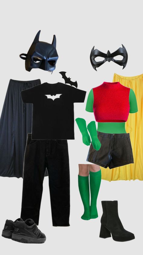 Batman and Robin couple costume ideas #costume #halloween #couplecostume #duo #friendcostumeidea #creative Robin Halloween Costume, Batman And Robin Costumes, Couple Costume Ideas, Batman Costume Diy, Robin Outfit, Fun Halloween Outfits, Batman Diy, Cosplay Couple, Robin Costume