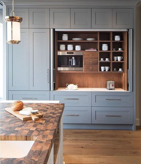 Glenna Stone Interior Design on Instagram: “Please sign us up for this coffee station by @bluebell_kitchens - it's a frigid Wednesday morning here in Philadelphia (and getting colder)…” Appliance Wall Kitchen, Kitchen Cabinets Flush With Wall, Concealed Coffee Station, Kitchen Cabinets Mixed Colors, Kitchen Pantry Wall Cabinets, Built In Cabinet Wall, Kitchen Pantry Cabinets Built Ins, Wall Of Cabinets Kitchen, Built In Coffee Station