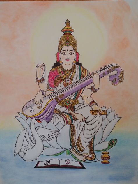 Saraswati - Goddess of the arts, music, and knowlege. Saraswati Goddess Drawing Easy, Saraswati Painting Easy, Saraswati Goddess Paintings Easy, Saraswati Goddess Paintings Abstract, Saraswati Goddess Sketch, Saraswati Goddess Paintings Sketch, Saraswati Goddess Drawing, Saraswati Devi Drawing, Maa Saraswati Painting