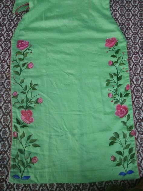 Fabric Painting Designs For Kurtis Neck, Fabric Painting Designs For Kurtis, Handpainted Suits, Designs For Kurtis, Suit Painting, Fabric Colour Painting, Indian Embroidery Designs, Batik Clothing, Saree Painting Designs