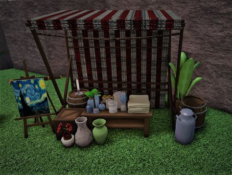 Thrift Store Bloxburg, Bloxburg Market Stall, Bloxburg Art Studio, Bloxburg Trailer, Village Bloxburg, Bloxburg Market, Bloxburg Village, Bloxburg Cafe, Cottage Core Bloxburg House