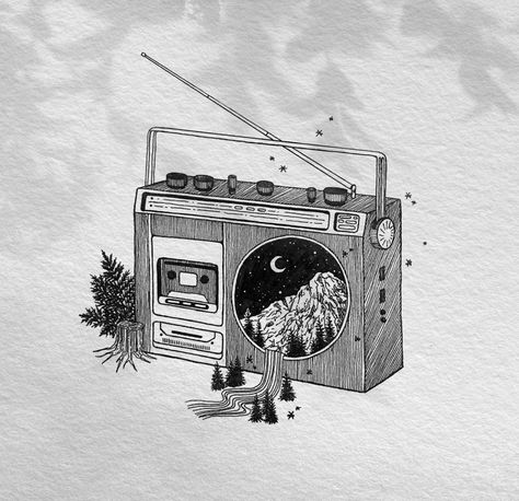 Radio Drawing, On Air Radio, Whimsical Art Journal, Black And White Illustrations, Celestial Art, Pen Sketch, Nature Drawing, Illusion Art, Vintage Tattoo