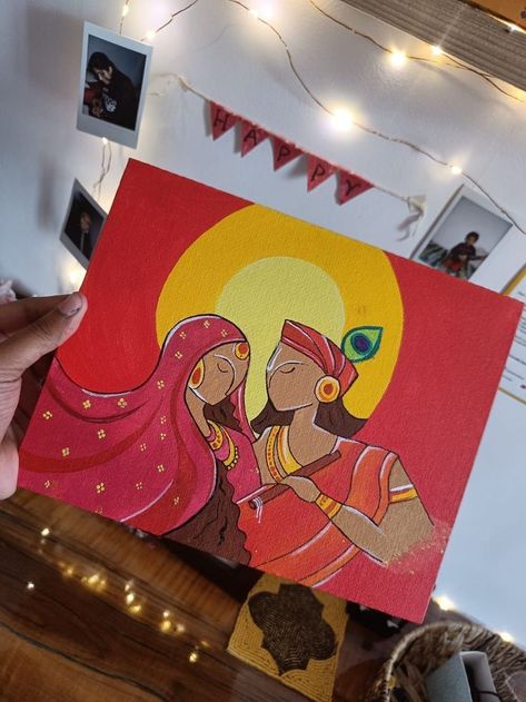 Radha Krishna Watercolor Painting Easy, Indian Art Canvas, Canvas Radha Krishna Painting, Radha Krishna Modern Art Paintings Easy, Radhakrishna Painting Easy, Radha Krishna Canvas Painting Easy, Krishna Simple Painting, God Abstract Painting, Radhakrishn Drawing