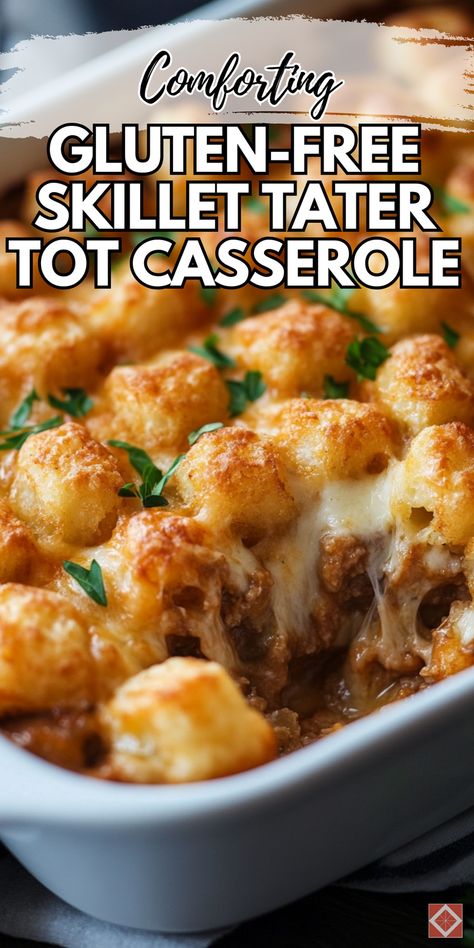 Discover a comforting gluten-free skillet tater tot casserole recipe without soup. Ideal for your food recipes collection, this dish uses fresh ingredients to create a delicious and wholesome meal. Save this pin and click for detailed instructions and tips. Enjoy a tasty and healthy casserole that's perfect for family dinners. Gluten Dairy Free Tator Tot Casserole, Tater Tot Casserole Without Soup, Tater Tot Casserole No Cheese, Gluten Free Hotdish Recipes, Gluten Free Casserole Recipes For Dinner, Gluten Free Tater Tot Casserole, Dairy Free Tater Tot Casserole, Gluten Free Dinner Casserole, Casseroles That Freeze Well