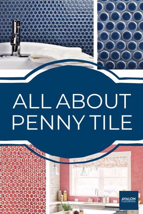 Blue Penny Tile Backsplash, Penny Tile Shower Floor Ideas, Penny Tile Bathroom Floor Ideas, Penny Tile Bathrooms, Penny Tile Backsplash Kitchen, Round Tile Backsplash, Penny Tile Ideas, Penny Tile Patterns, Penny Tiles Bathroom Floor