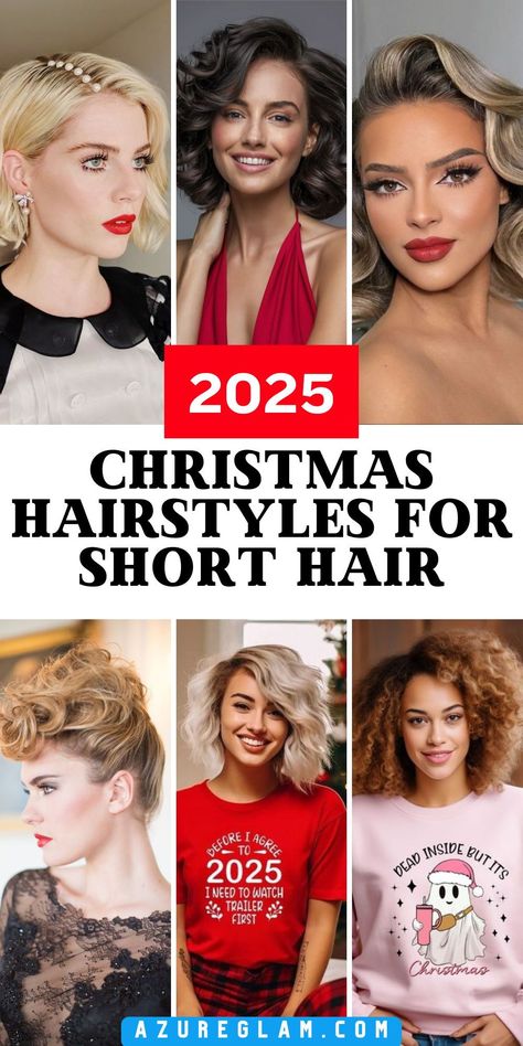 Explore 19 Christmas hairstyles for short hair 2024-2025, perfect for women and kids attending holiday parties. These fun and easy looks include simple bangs, cute bows, and ribbons for an extra festive flair. From straight to curly styles, these low-maintenance holiday hairstyles ensure you’re party-ready with minimal fuss and maximum charm. Holiday Party Short Hairstyles, Christmas Party Short Hairstyles, Short Hair Styles For Christmas Party, Hairstyles For Holiday Party, Short Hair Holiday Hairstyles, Short Hairstyle Party, Holiday Party Hairstyles For Short Hair, Short Holiday Hairstyles, Christmas Party Hairstyles Short