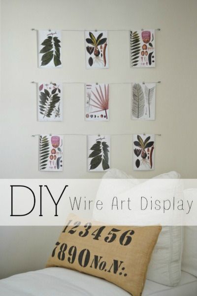 DIY Wire art display - lizmarieblog.com For Eastons art work...maybe in the kitchen or laundry room!  SO CUTE! Diy Art Display, Displaying Family Pictures, Picture Wire, Wire Diy, Book Page Art, Living Room Diy, Décor Diy, Diy Schmuck, Wire Art