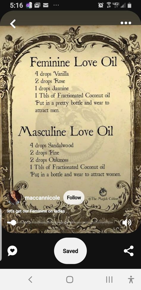 Attraction Perfume, Love Attraction Oil Recipe, Attraction Oil Recipe, Self Love Oil Recipe Witchcraft, Essential Oil Blends For Attraction, Essential Oils For Love Spells, Magick Oil, Essential Oil Perfumes Recipes, Attract Men