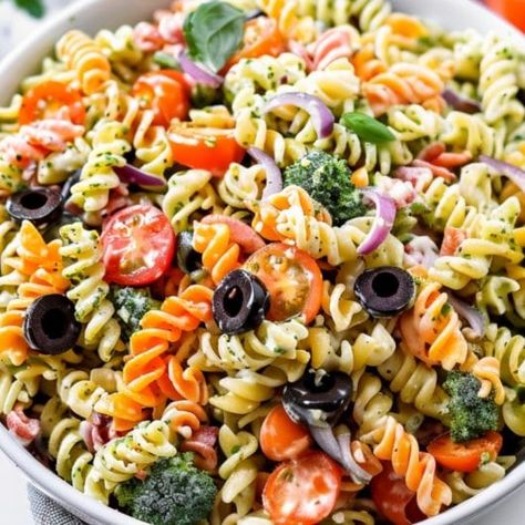 Tri-Color Pasta Salad Tri Color Pasta Salad, Tri Color Pasta, Rotini Pasta, Toasted Pine Nuts, Fresh Broccoli, Basil Pesto, Broccoli Florets, Grape Tomatoes, Fresh Basil