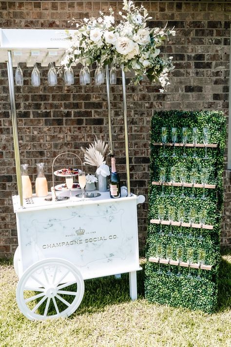 Cart For Party, Prosecco Cart Ideas, Champagne Station Party Ideas, Drink Cart Party, Cocktail Party Backdrop, Bridal Shower Rentals, Bar Rental Ideas, Cart Rental Ideas, Best Rental Business Ideas