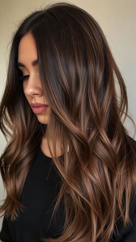 Brown Balayage Ideas That Will Make You Swoon! 🤩✨Brunette Brilliance: Get the Ultimate Hair Makeover🌟 Luscious Dark Brown Balayage Ideas to Dazzle Everyone! 💁‍♀️✨ So, get ready to Transform Your Look with the Latest Trend🔥 Dark Brown Balayage! 💇‍♀️✨ #BalayageGoals #HairTrendsetter #DarkBrownMagic #BalayageBeauties #DarkDelight #HairInspo #BrunetteBalayage #BalayageBeauty #DarkBrownDelight #SunKissedBrunette #BalayageHighlights #HairColorTrends #NaturalHairGoals #LowMaintenanceStyle #HairInspiration #StylishStrands Haircut With Hair Color, Dark Caramel Hair With Highlights, Dark Color With Highlights, Dark Hair Brown Balayage, Dark Brown Hair Dye Ideas Ombre, Hair Balayage Dark, Brunette Balayage Caramel Highlights, Dye Brown Hair Ideas, Ashy Caramel Balayage On Dark Hair