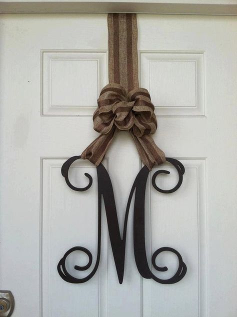 Home Letters With Wreath, Monogram Door Wreath, Wooden Monogram Letters, Letter Door Hangers, Initial Door Hanger, Monogram Door, Wood Initials, Fabric Decoupage, Wooden Initials