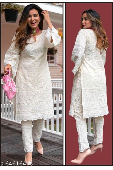 Chicken Kari Kurti Designs Latest, Simple Chikankari Kurti, White Chikenwork Kurti Outfit, Cotton Suits Design Latest Pakistani, White Chicken Kari Kurta Design, Cotton Chikankari Kurti Designs Latest, Cotton Chikankari Suit Designs, Chikan Suits Designs, White Chicken Suit Designs