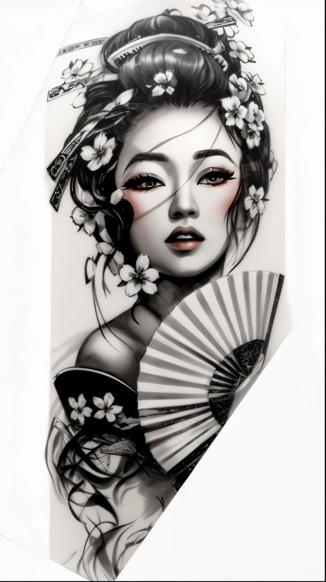 Japanese Women Tattoo Design, Asian Tattoos For Women Sleeve, Japanese Art Tattoo Ideas, Geisha Face Tattoo, Asian Lady Tattoo, Japanese Geisha Tattoo Traditional, Japanese Face Tattoo, Japanese Tattoo Designs Geisha, Japanese Tattoo Art Geisha