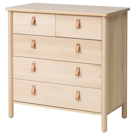 IKEA - BJÖRKSNÄS, 5-drawer chest, birch, Of course your home should be a safe place for the entire family. That’s why hardware is included so that you can attach the chest of drawers to the wall. Smooth running drawers with pull-out stop. May be combined with other furniture in the BJÖRKSNÄS series. Hack Ikea, Ikea Dresser, Small Dresser, Solid Wood Dresser, Beautiful Dresser, Painted Drawers, White Spirit, 6 Drawer Chest, 3 Drawer Chest