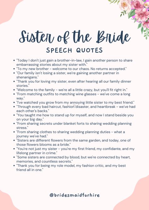 100 Sister of the Bride Speech Quotes for a Memorable Toast My Sister Is Getting Married Quotes, Quotes For Sister Wedding, Older Sister Wedding Speeches, Maid Of Honor Speech Ideas For Sister, Sister Of Bride Speech, Maid Of Honour Speech Sister, Caption For Sister Wedding, Bridesmaid Speech Examples Sisters, Maid Of Honor Captions Instagram