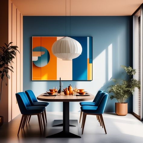 Interior Design Inspiration (@littlehomeidea) • Instagram photos and videos Orange Office Design, Playful Interior Design, Podcasting Studio, Orange Dining Room, Coworking Space Design, Loft House Design, Mid Century Modern Dining Room, Colonial Interior, Dining Room Blue