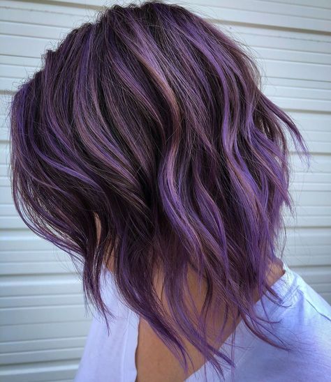 Purple Peekaboo Hair, Purple Highlights Brown Hair, Purple Brown Hair, Purple Hair Highlights, Light Purple Hair, Peekaboo Hair, Lilac Hair, Short Brown Hair, Black Hair With Highlights