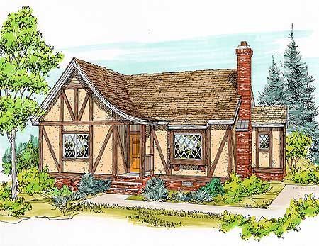 LOVE half-timbering and the cute little cat slide roof. Small Tudor Style Homes, English Cottage Floor Plans, Small English Cottage, Small Houseplans, Farmhouse Floorplans, Cottage Floor Plan, Tudor House Plans, Tudor Cottage, Cottage Floor Plans