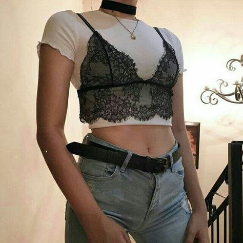 ♡ Pinterest // sadwhore ♡ Bralette Outfit, Looks Style, White Tee, Grunge Fashion, Lace Bralette, Outfits Casuales, Fashion Killa, Style Outfits, Look Fashion