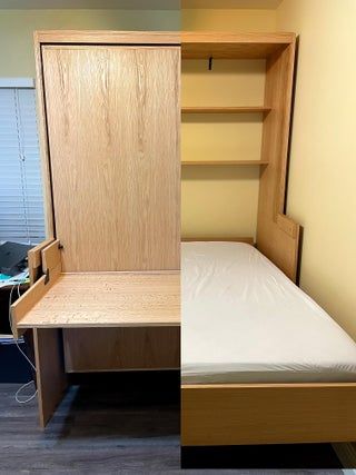 Diy Murphy Bed Desk, Diy Platform Bed Plans, Murphy Bed With Desk, Diy Murphy Bed, Build A Murphy Bed, Horizontal Murphy Bed, Murphy Bed Desk, Fold Out Beds, Diy Storage Rack