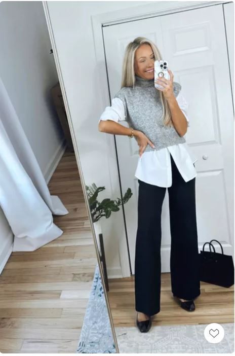 Vest + white blouse Grey Vest Outfit, Vest Outfit, Business Outfits Women, Grey Vest, White Long Sleeve Shirt, Fit Ideas, Black Vest, Vest White, Vest Outfits