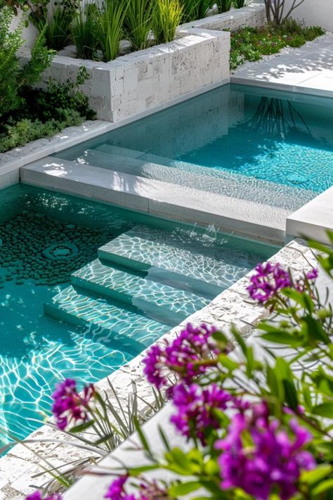 Discover easy ideas to enhance your above ground pool area. This pin offers landscaping tips and outdoor decor suggestions that beautify your backyard, making it a perfect spot for relaxation and fun with friends and family. Hot Tub Waterfall Into Pool, Bridge Over Pool, Swimming Pool Landscaping Ideas, Pool Steps Inground, Pool Landscaping Ideas, Backyard Pool Design, In Ground Pool, Dipping Pool, Swimming Pool Landscaping