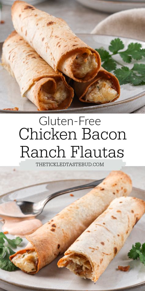 Chicken Bacon Ranch Flautas (Gluten-Free) | The Tickled Tastebud Shredded Chicken And Bacon Recipes, Chicken Bacon Ranch Taquitos, Gluten Free Apps, Chicken Bacon Ranch Wrap, Buffalo Ranch Chicken, Chicken Flautas, Shredded Bbq Chicken, Gluten Free Appetizers, Supper Ideas