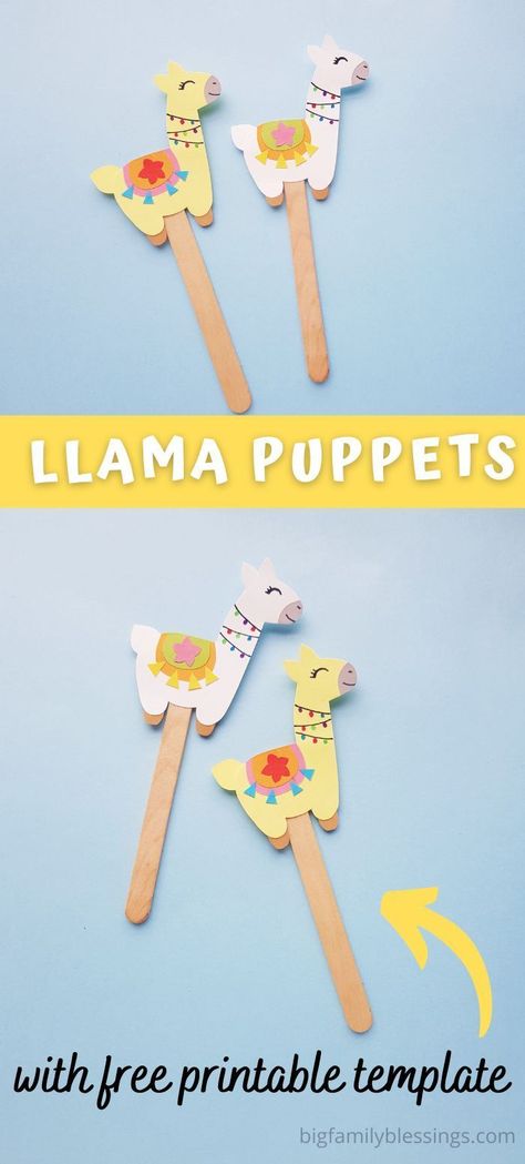 Llama puppets popsicle stick craft for kids with free printable template. Llama Popsicle Stick Craft, Lama Crafts For Preschool, Lama Printable Free, Llama Template Printable Free, Llama Preschool Craft, Llama Llama Time To Share Activities, Is Your Mama A Llama Activities, Llama Crafts For Preschoolers, Llama Llama Mad At Mama Activities