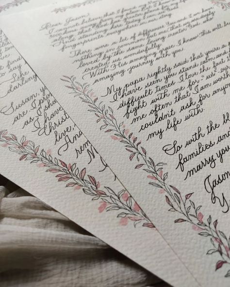 Creating handwritten wedding vows was a truly magical experience and a first-of-its-kind commission for me as an artist. ✍️✨ It was an honor to craft such intimate and meaningful words, transforming them into a keepsake that will be cherished forever. 💕📜 A pure blessing to be a part of these special moments, knowing the couple can cherish them much later on in life. 💖 Can't wait to create more of these heartfelt pieces and be part of more beautiful stories. 💍🌟 #weddingvows #weddingvowrenew... Wedding Vows Keepsake, Custom Vows, Handwritten Wedding Vows, Handwritten Vows, Vow Inspiration Writing, Written Vows Framed, Handwritten Wedding, Beautiful Stories, Meaningful Words