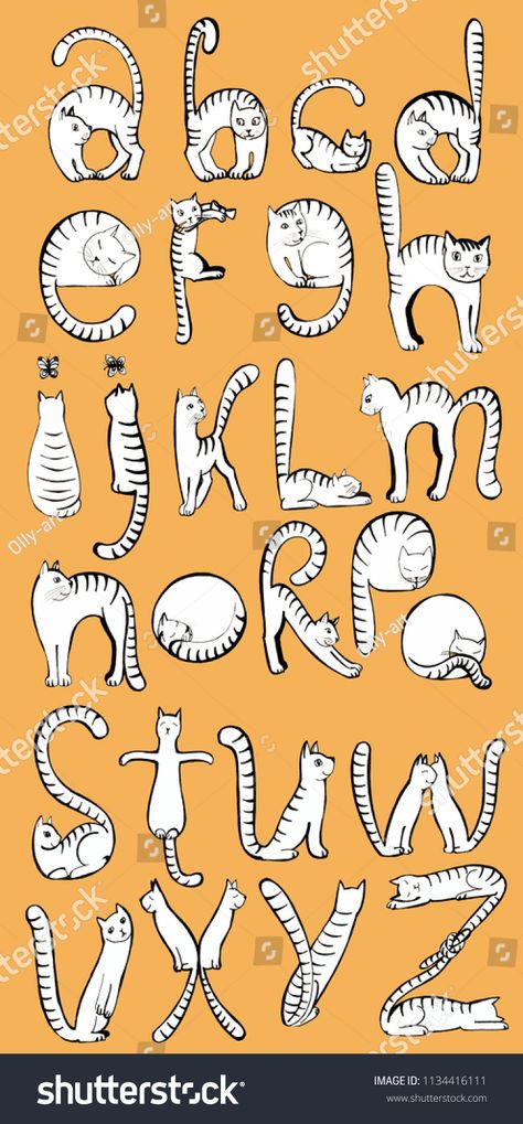 beautiful, unusual cat alphabet, letters in the form of graphic white funny cats in different poses, on an orange background Funny Alphabet Letters, Cat Fonts Alphabet, Cat Letters Alphabet, Cat Alphabet Letters, Cat Letters, Cat Font, Cat Alphabet, Cat Remedies, Illustrated Alphabet