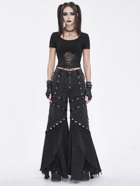 Devil Fashion Black Gothic Punk Eyelets Long Flared Pants for Women - DarkinCloset.com Goth Outfits Pants, Casual Punk Outfits, Punk Goth Outfits, Lace Gothic Dress, Corsets Fashion, Goth Pants, Punk Top, Casual Punk, Leather Outfits Women