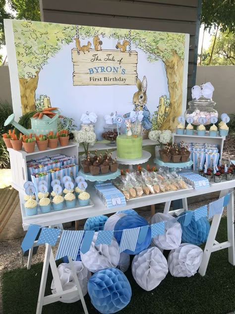 Byron’s Peter Rabbit First Birthday Party | CatchMyParty.com Rabbit Theme Party, Peter Rabbit Theme Party, Peter Rabbit Christening, Peter Rabbit 1st Birthday, Peter Rabbit Birthday Party, Rabbit Birthday Party, Peter Rabbit Theme, Peter Rabbit Cake, Easter Birthday Party