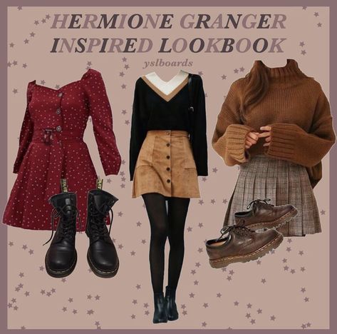 Library Girl Aesthetic Outfit, Hermione Granger Inspired Outfits, Hermione Granger Outfits Inspiration, Hermione Granger Aesthetic Outfit, Hermione Granger Outfits, Hufflepuff Outfit, Hogwarts Outfits, Dark Academia Outfits, Dark Academia Outfit