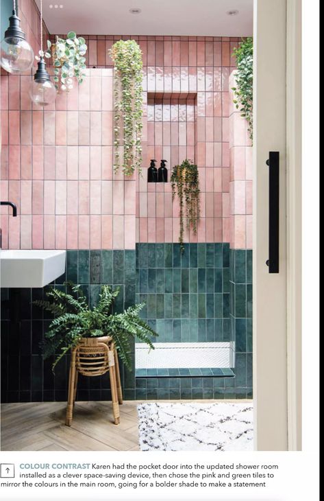 Pink Shower Room Ideas, Pink And Green Toilet, Green Pink Bathroom Ideas, Pink Tile Shower Bathroom, Sage And Pink Bathroom, Green And Pink Bathroom Ideas, Decor Vases Ideas, Pink And Teal Bathroom, Green Pink Bathroom