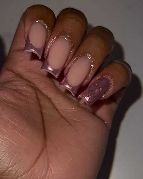 Chrom Pink French Tip, Dusty Pink Nail Designs, January Square Nails, Pink January Nails, Dusty Pink Nail Ideas, Dusty Lavender Nails, Light Pink Chrome Nails Square, Soft Pink Chrome Nails, Chrome Pink French Tip Nails