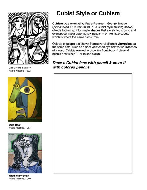 Cubism worksheet Art Sub Plans, Art Teacher Resources, Art Handouts, Art Teaching Resources, Art History Lessons, 7th Grade Art, High School Art Lessons, Art Criticism, Cubism Art