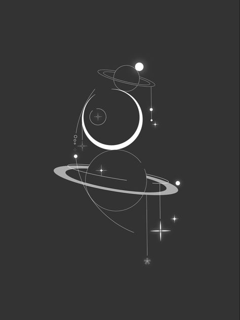 Black and white design of the moon and planets stacked on top of each other with glowing stars and abstract circles Line Art Star Tattoo, Fine Line Wallpaper, Celestial Tattoo Ideas, Celestial Tattoos, Aesthetic Celestial, Line Wallpaper, Celestial Tattoo, Simplistic Wallpaper, Travel Tattoos