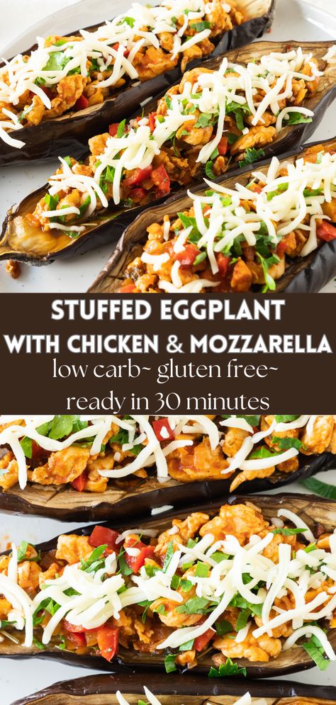 Stuffed Eggplant with Chicken and Mozzarella - Lauren Kelly Nutrition Chicken Stuffed Eggplant Recipes, Stuffed Eggplant Recipes Healthy, Eggplant And Chicken Recipes, Stuffed Eggplant Recipes Meat, Chicken And Eggplant Recipes, Stuffed Eggplant Recipes, Chicken And Eggplant, Chicken And Mozzarella, Eggplant Recipes Healthy