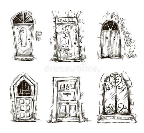 Cartoon Objects, Doodles Cartoon, Door Drawing, Building Drawing, Vintage Doors, Architecture Drawing Art, Doors And Windows, Vintage Door, Detailed Drawings