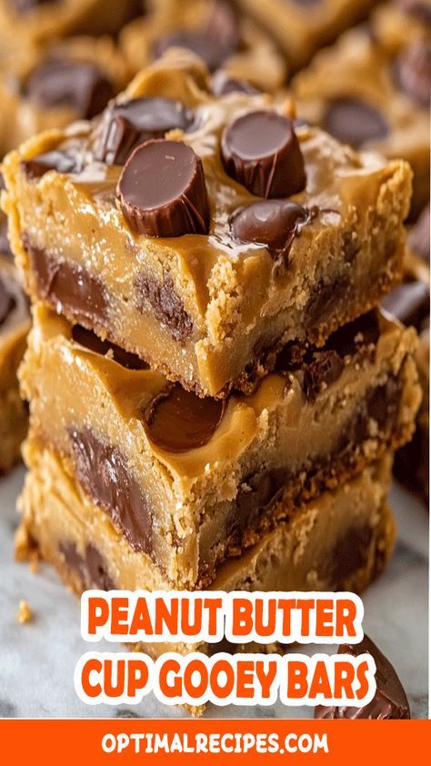 Get ready to indulge in the ultimate dessert delight! These Peanut Butter Cup Gooey Bars are rich, chewy, and absolutely irresistible. Packed with layers of melty chocolate, creamy peanut butter, and a buttery crust, they’re the perfect sweet treat for any occasion. Whether you’re hosting a party, baking for the family, or just treating yourself, these bars are sure to steal the show. Save this pin now and bake your way to dessert bliss! 😍🍫🥜 #PeanutButterLovers #DessertGoals #GooeyBars Deserts Recipes Peanut Butter, Gooey Peanut Butter Bars, Peanut Butter Gooey Bars, Chocolate Peanut Butter Bars, Gooey Bars, Gooey Cookies, Peanut Butter Chocolate Bars, Peanut Recipes, Recipes With Few Ingredients